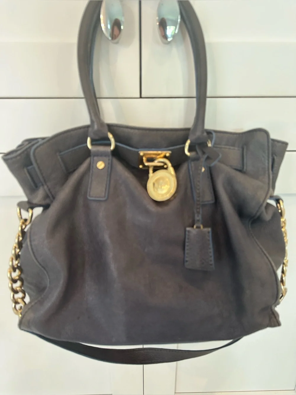 Michael Kors denim blue Leather Shoulder Tote with Gold Hardware.